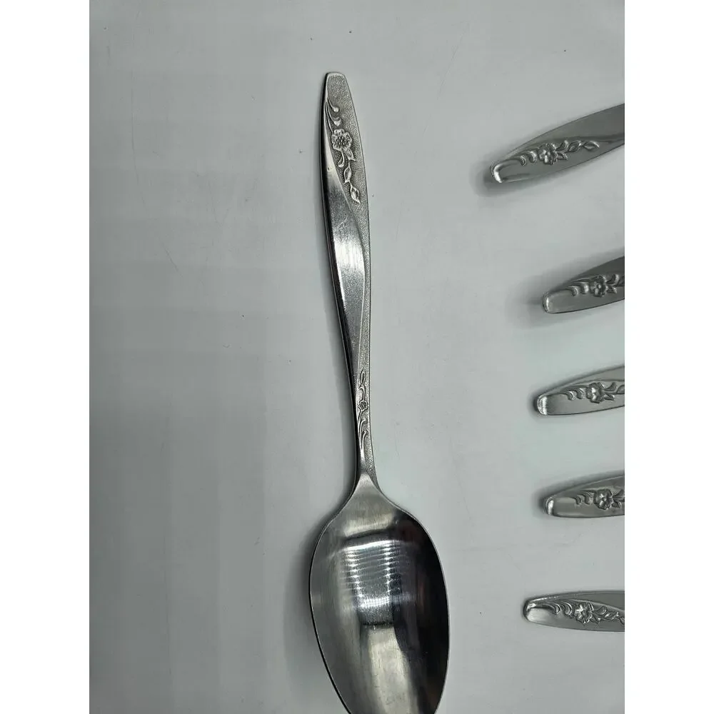 Vintage International Stainless Tablespoons Set 7 Korea Floral Pattern MCM